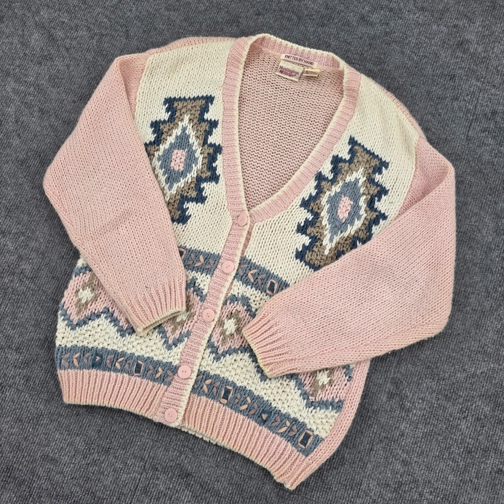 Huntington Ridge Pink Hand Knitted Southwestern Cardigan Sweater Vintage Medium